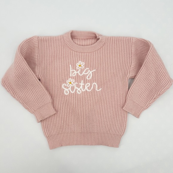 Girls Pink Chunky Knit Sweater Hand Embroidered Daisy Flower Big Sister Size 3T - Picture 1 of 4